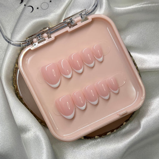 Ikkys Nails, Almond Classic French ~PINK BASE~ BIAB Handmade Gel Press-on Nails, Salon Quality, 10pcs, Free Prep Kit Included