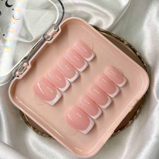 Ikkys Nails, Classic French BIAB Handmade Gel Press-on Nails, Salon Quality, 10pcs, Free Prep Kit Included