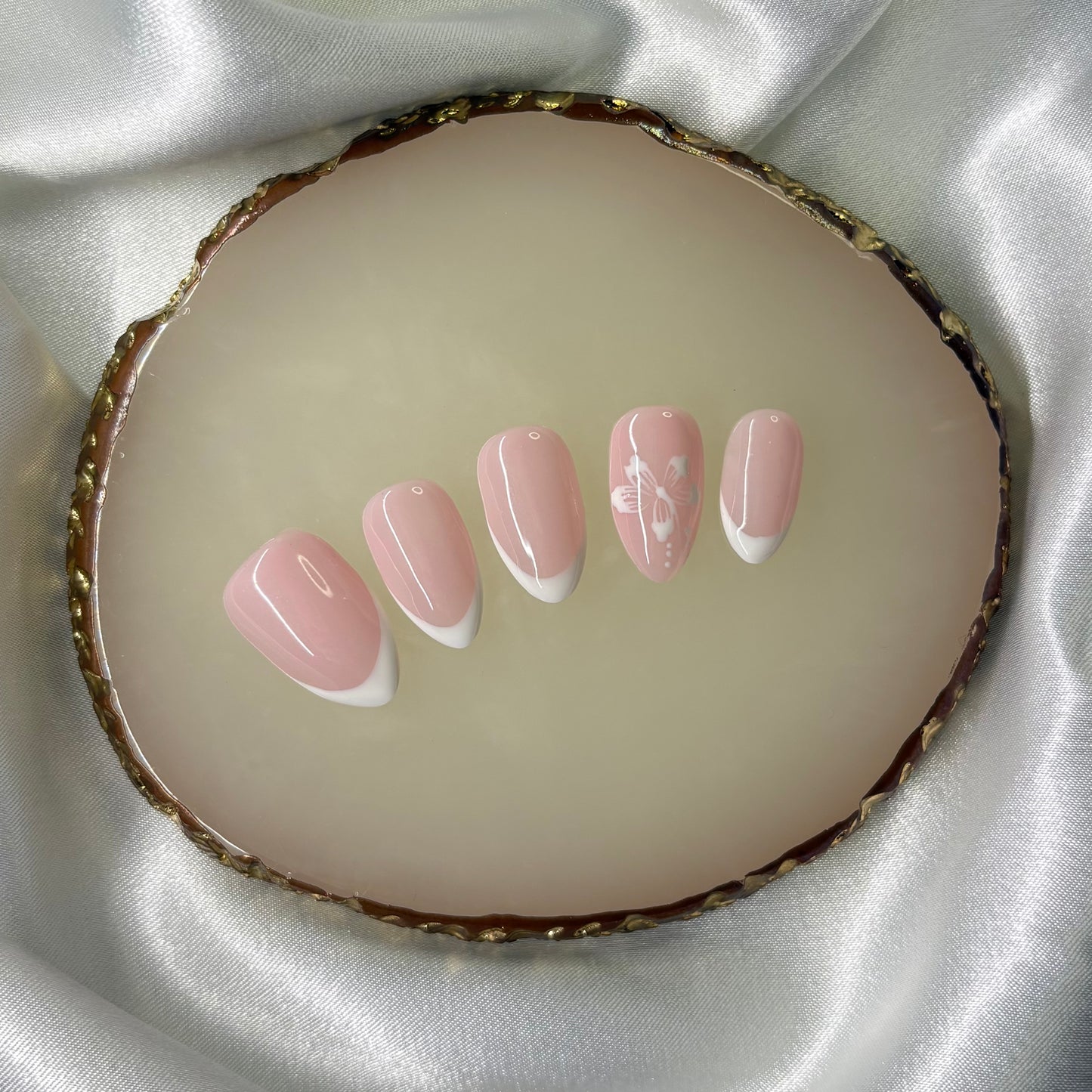 Ikkys Nails, Almond Hibiscus French BIAB Handmade Gel Press-on Nails, Salon Quality, 10pcs, Free Prep Kit Included