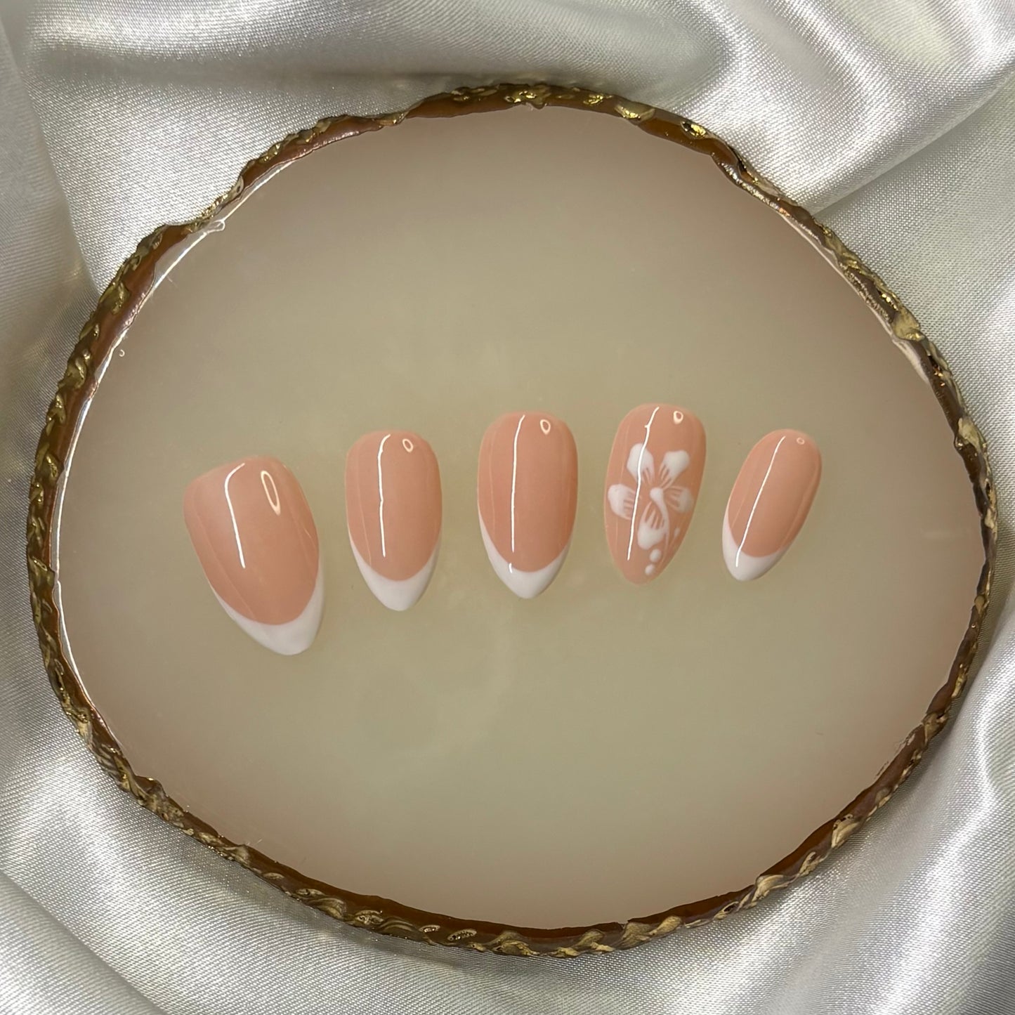 Ikkys Nails, Almond Hibiscus French BIAB Handmade Gel Press-on Nails, Salon Quality, 10pcs, Free Prep Kit Included