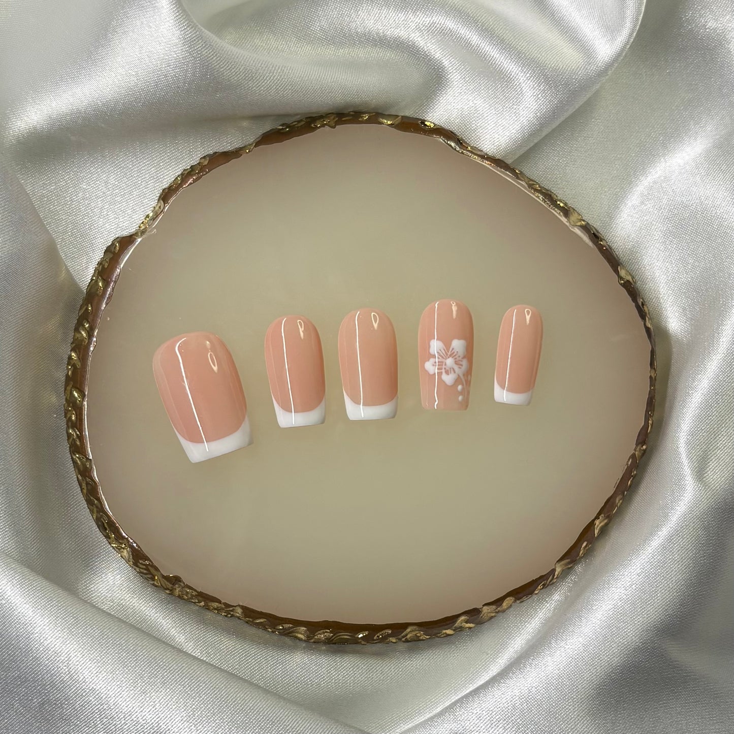 Ikkys Nails, Hibiscus French Short Square BIAB Handmade Gel Press-on Nails, Salon Quality, 10pcs, Free Prep Kit Included