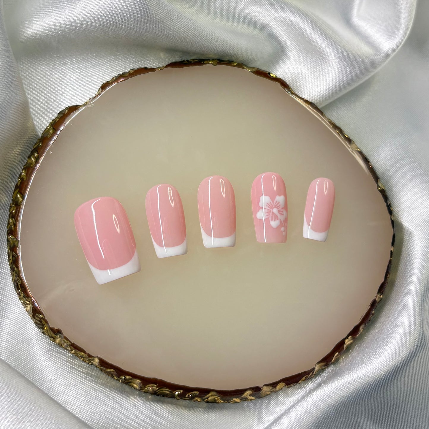 Ikkys Nails, Hibiscus French Short Square BIAB Handmade Gel Press-on Nails, Salon Quality, 10pcs, Free Prep Kit Included